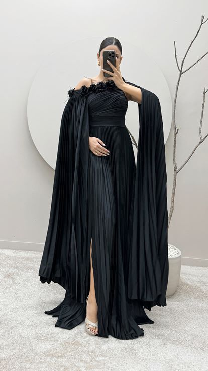 Black One Shoulder Pleated Cape Dress with Feather Detail