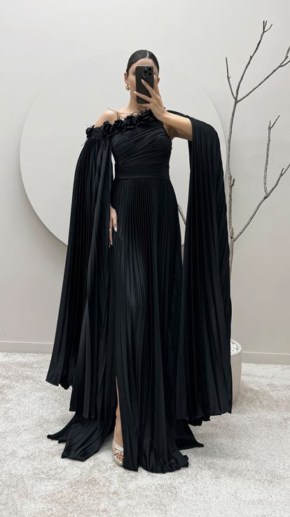 Black One Shoulder Pleated Cape Dress with Feather Detail