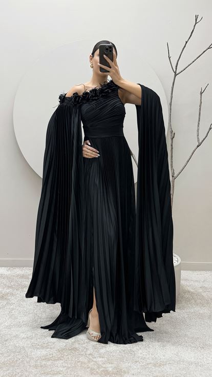 Black One Shoulder Pleated Cape Dress with Feather Detail