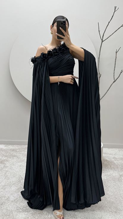 Black One Shoulder Pleated Cape Dress with Feather Detail