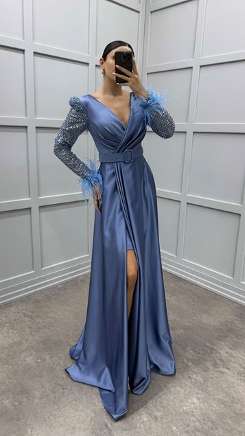 Indigo Sleeves Feather Sleeves Embroidered Design Satin Evening Dress
