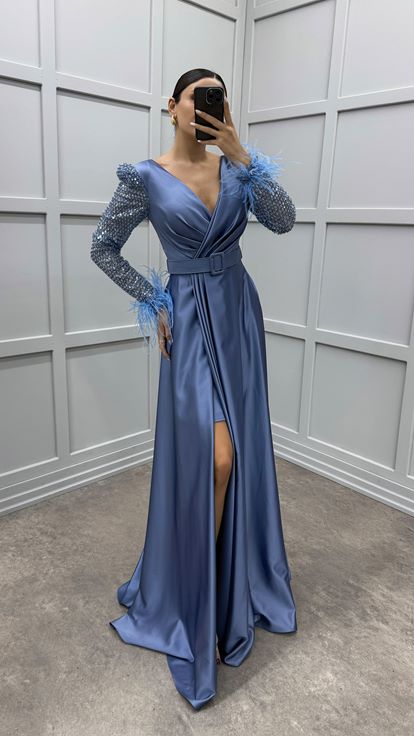 Indigo Sleeves Feather Sleeves Embroidered Design Satin Evening Dress