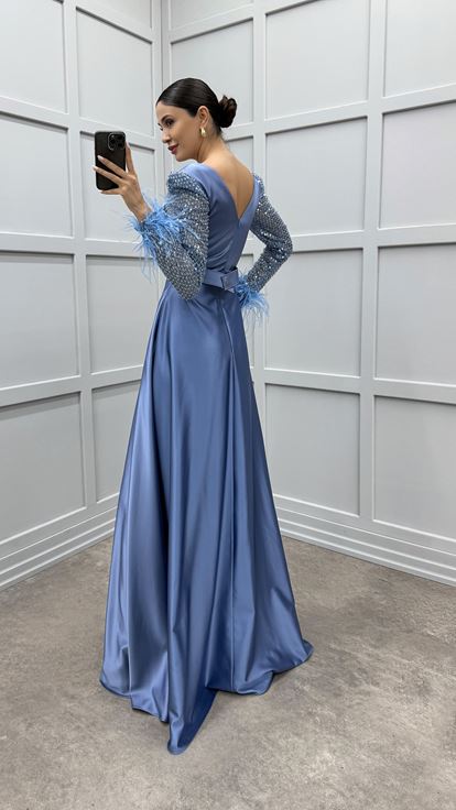 Indigo Sleeves Feather Sleeves Embroidered Design Satin Evening Dress