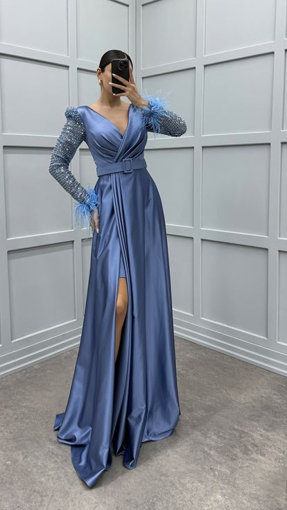Indigo Sleeves Feather Sleeves Embroidered Design Satin Evening Dress