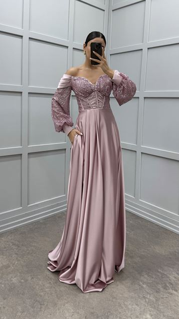 Lilac Balloon Sleeve Chest Sequin Shoulder Detail Design Satin Evening Dress