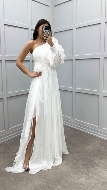 White Single Sleeve Shoulder And Waist Rose Detail Design Dress