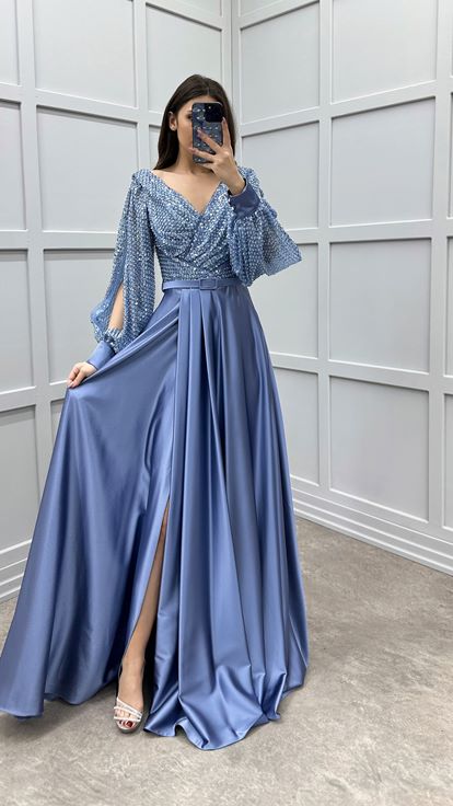 Indigo Balloon Sleeve Bust Sequin Design Satin Evening Dress