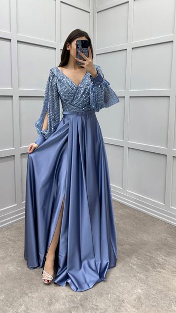 Indigo Balloon Sleeve Chest Sequin Design Satin Evening Dress