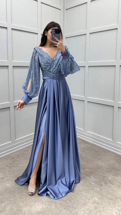 Indigo Balloon Sleeve Bust Sequin Design Satin Evening Dress