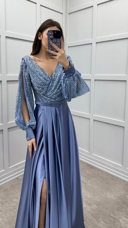 Indigo Balloon Sleeve Bust Sequin Design Satin Evening Dress