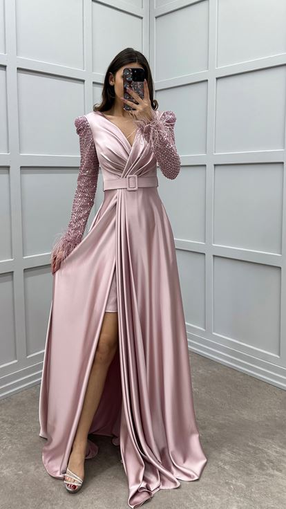 Powder Sleeves Feather Sleeves Embroidered Design Satin Evening Dress
