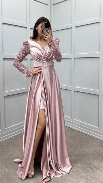 Powder Sleeves Feather Sleeves Embroidered Design Satin Evening Dress