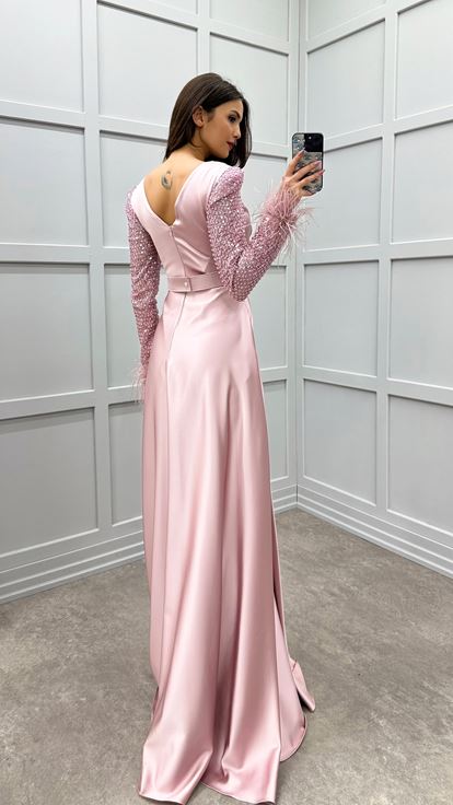 Powder Sleeves Feather Sleeves Embroidered Design Satin Evening Dress