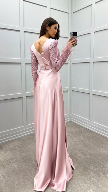 Powder Sleeves Feather Sleeves Embroidered Design Satin Evening Dress