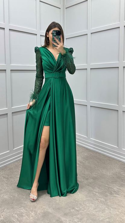 Emerald Green Sleeves Feather Sleeves Embroidered Design Satin Evening Dress