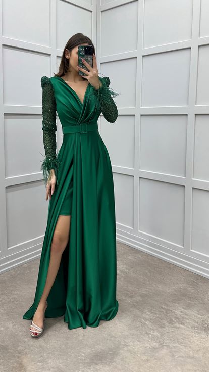 Emerald Green Sleeves Feather Sleeves Embroidered Design Satin Evening Dress