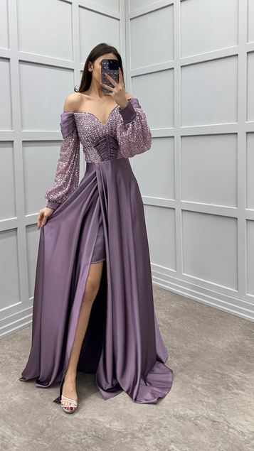 Poudre Ballon Manches Poitrine Sequin Épaule Détail Design Satin Robe De Soirée