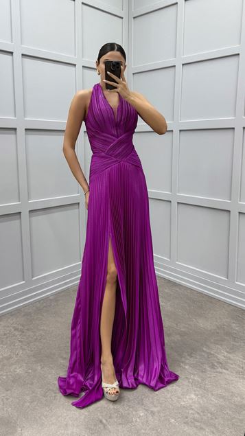 Fuchsia Neck Detail Pleated Cross Waist Design Dress