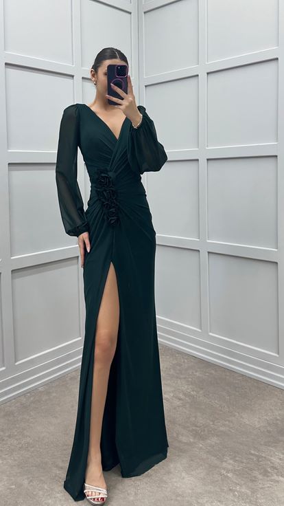 Emerald Green V-Neck Balloon Sleeve Rose Detail Design Dress