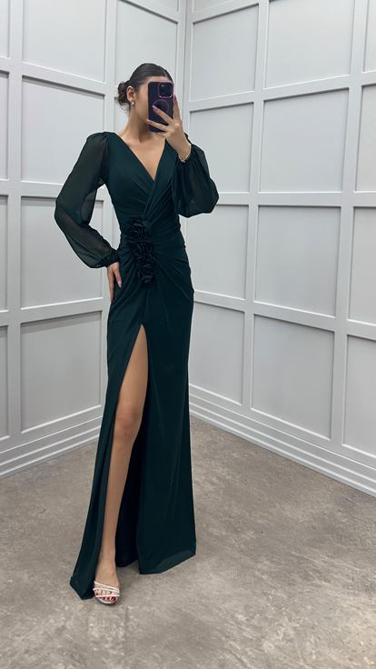 Emerald Green V-Neck Balloon Sleeve Rose Detail Design Dress