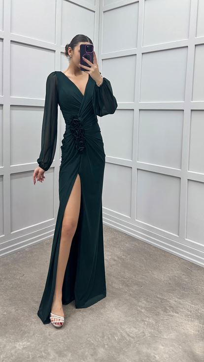 Emerald Green V-Neck Balloon Sleeve Rose Detail Design Dress