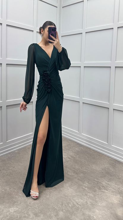 Emerald Green V-Neck Balloon Sleeve Rose Detail Design Dress