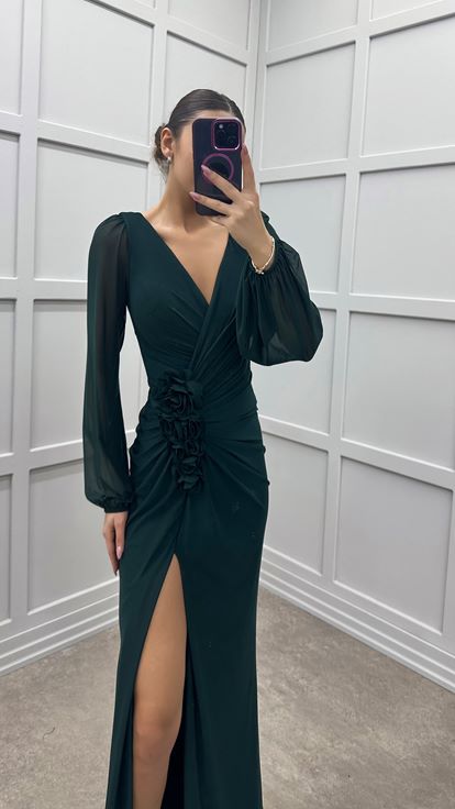 Emerald Green V-Neck Balloon Sleeve Rose Detail Design Dress
