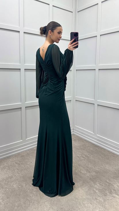 Emerald Green V-Neck Balloon Sleeve Rose Detail Design Dress