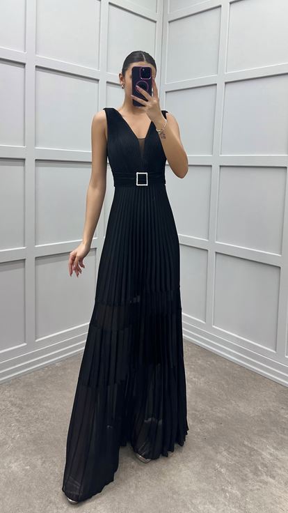 Black V Neck Pleated Designer Dress