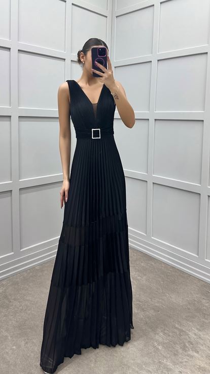 Black V Neck Pleated Designer Dress