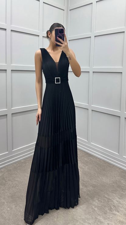 Black V Neck Pleated Designer Dress