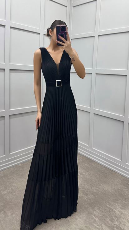 Black V Neck Pleated Designer Dress