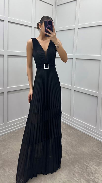 Black V Neck Pleated Designer Dress