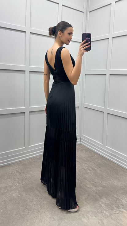Black V Neck Pleated Designer Dress