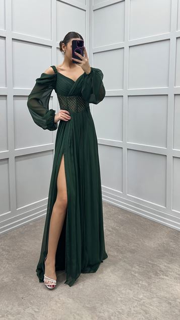 Emerald Green Shoulder Detail Transparent Design Chiffon Dress at the Waist