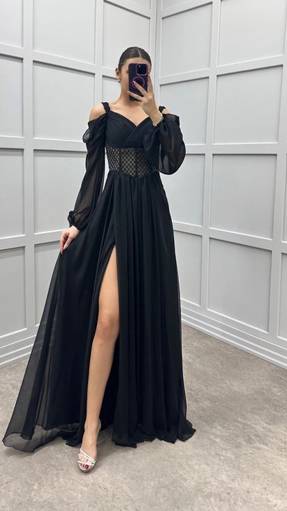 Siyah Omuz Detay Beli Transparan Tasarım Şifon Elbise