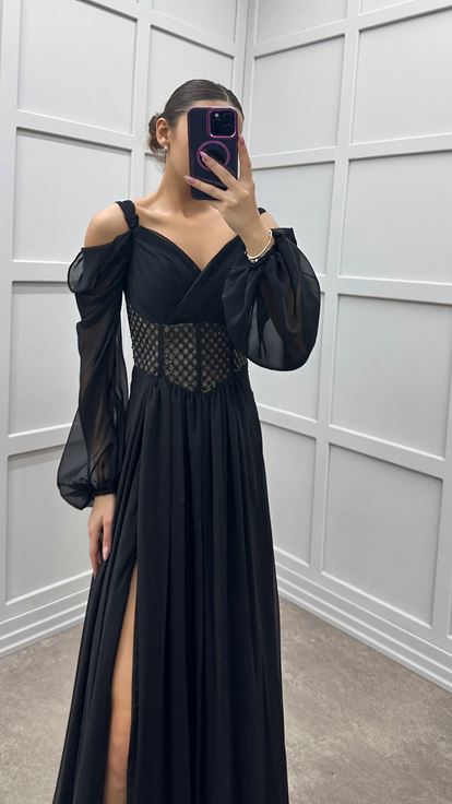Siyah Omuz Detay Beli Transparan Tasarım Şifon Elbise