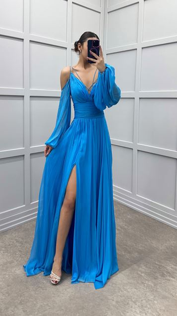 Mavi Sırtı İp Balon Kol Tasarım Şifon Elbise