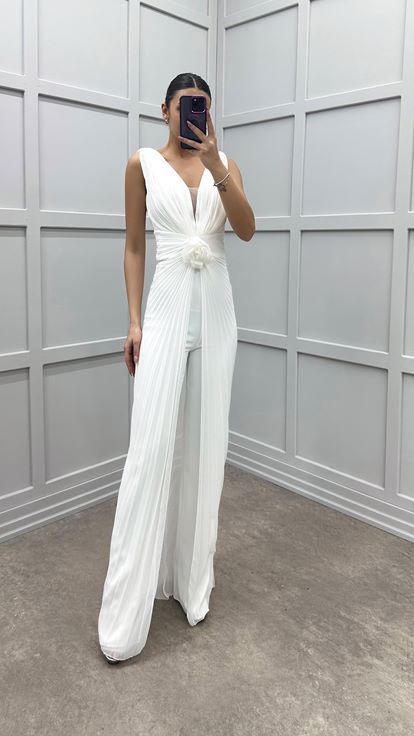 White Waist Detail Pleated Design Evening Dress Jumpsuit