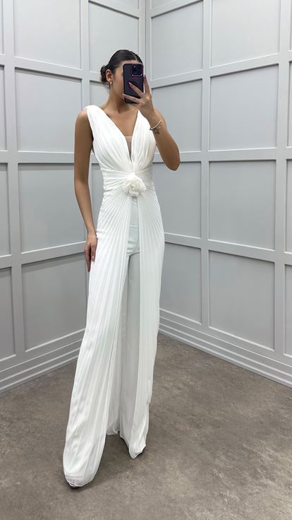 White Waist Detail Pleated Design Evening Dress Jumpsuit