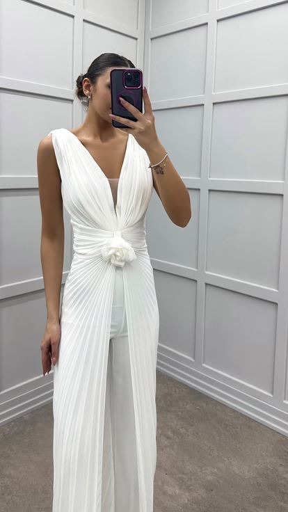 White Waist Detail Pleated Design Evening Dress Jumpsuit