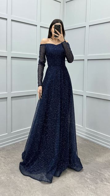 Navy Blue Balloon Sleeve Patterned Pleated Design Dress