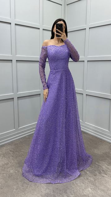 Lilac Balloon Sleeve Patterned Pleated Design Dress