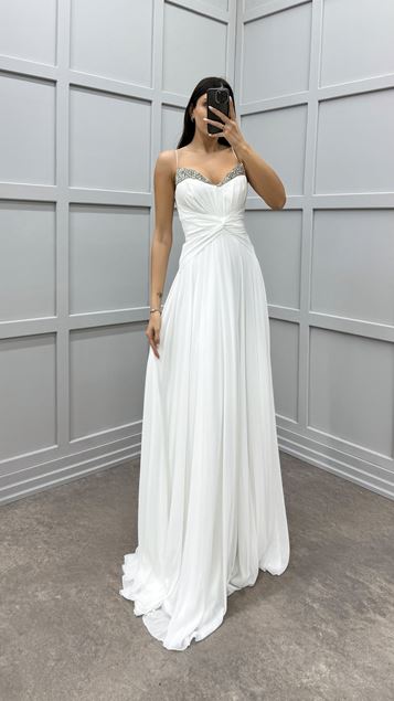 White Rope Strap Waist Detail Embroidered Design Dress