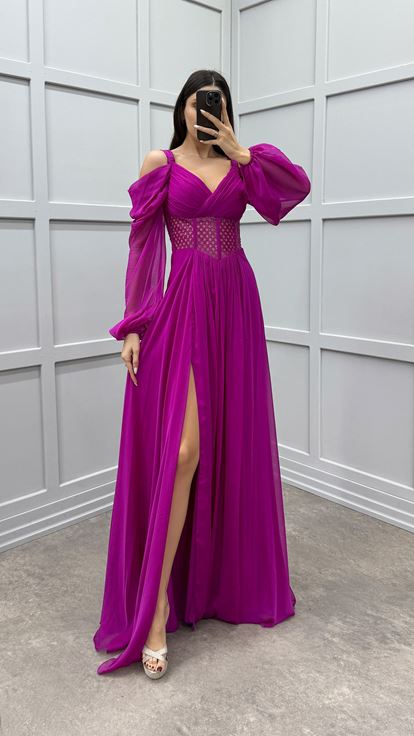 Fuchsia Shoulder Detail Waist Transparent Design Chiffon Dress
