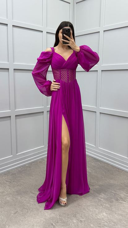 Fuchsia Shoulder Detail Waist Transparent Design Chiffon Dress