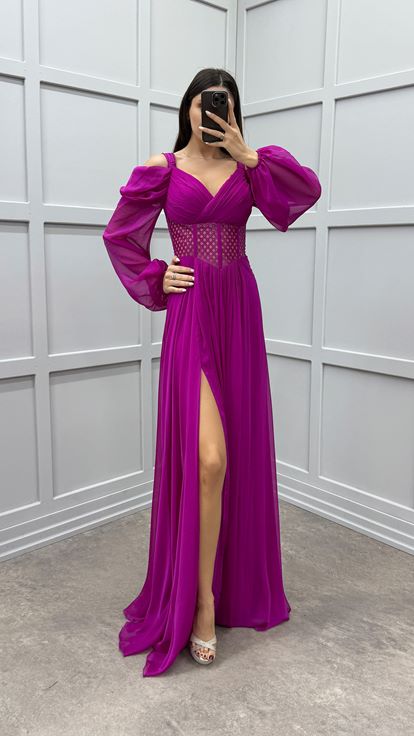 Fuchsia Shoulder Detail Waist Transparent Design Chiffon Dress
