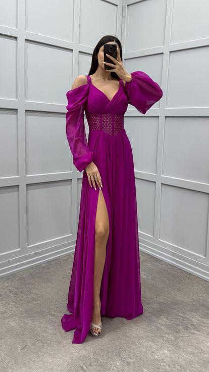 Fuchsia Shoulder Detail Waist Transparent Design Chiffon Dress