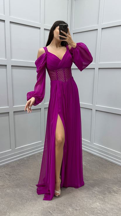 Fuchsia Shoulder Detail Waist Transparent Design Chiffon Dress