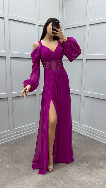 Fuchsia Shoulder Detail Waist Transparent Design Chiffon Dress